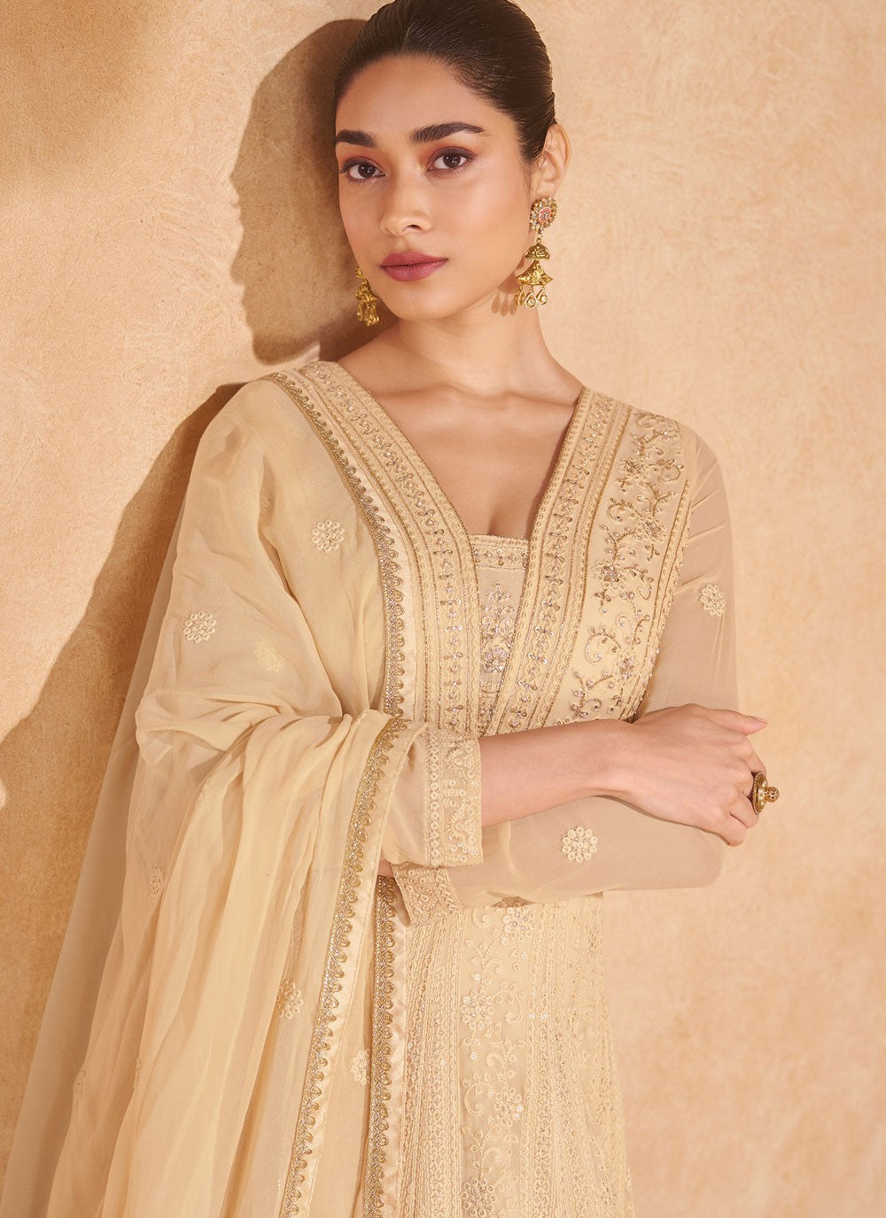 Chikankari Work Pure Georgette Cream Gown G19816