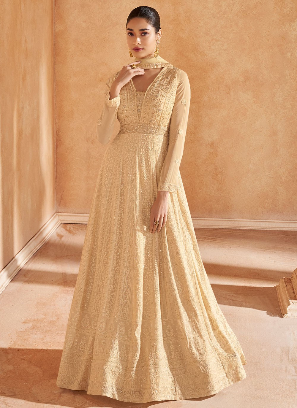 Chikankari Work Pure Georgette Cream Gown G19816