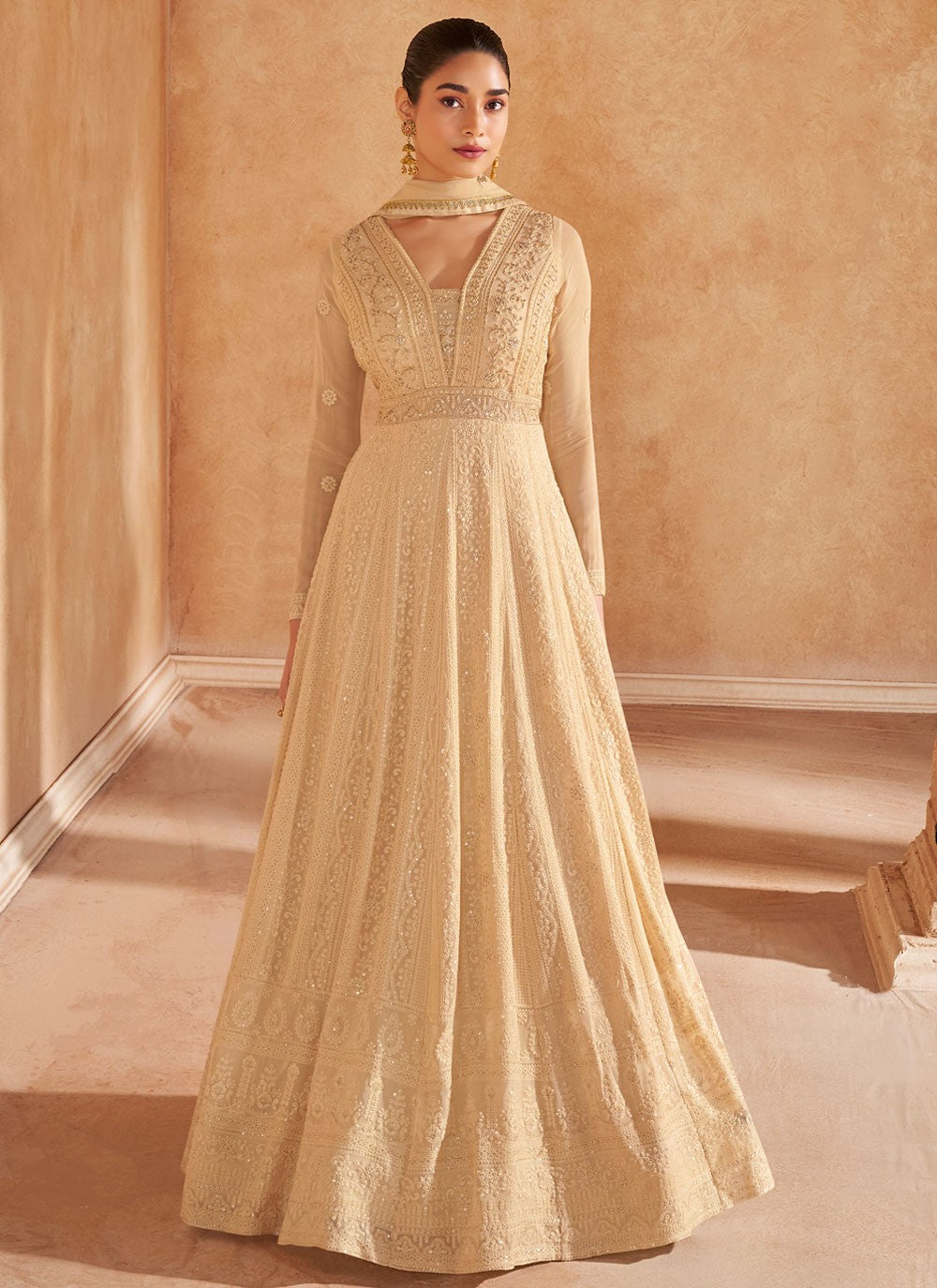 Chikankari Work Pure Georgette Cream Gown G19816