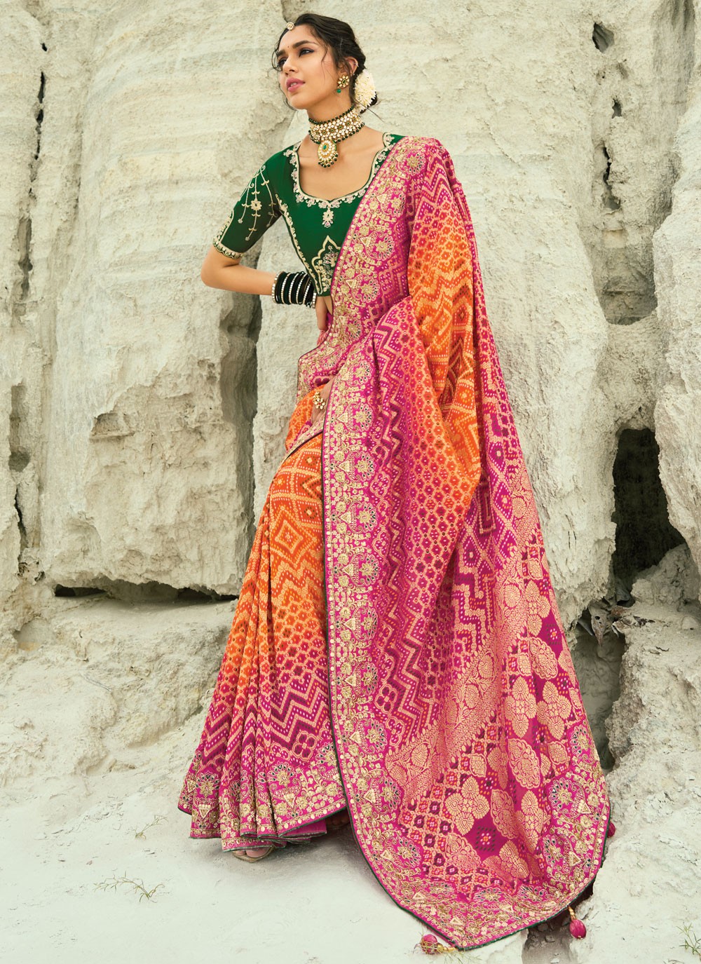 Hot Pink Pure Georgette Classic Saree Bandhej, Cutdana, Embroidered, Fancy Work, Hand Embroidery, Moti, Zari S19133