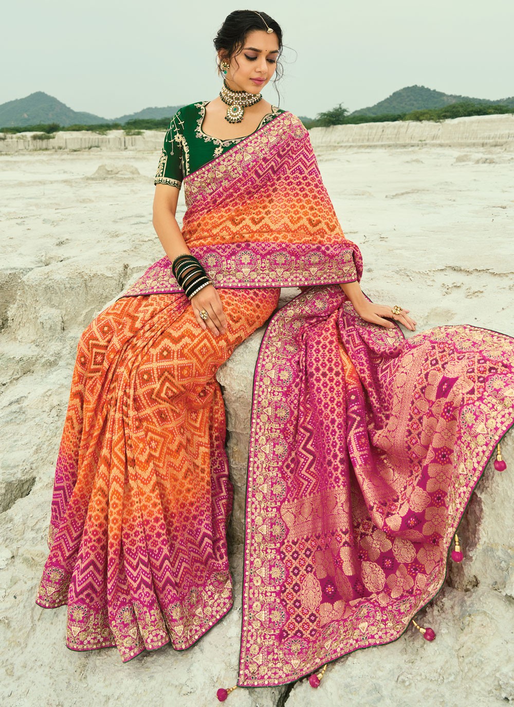 Hot Pink Pure Georgette Classic Saree Bandhej, Cutdana, Embroidered, Fancy Work, Hand Embroidery, Moti, Zari S19133