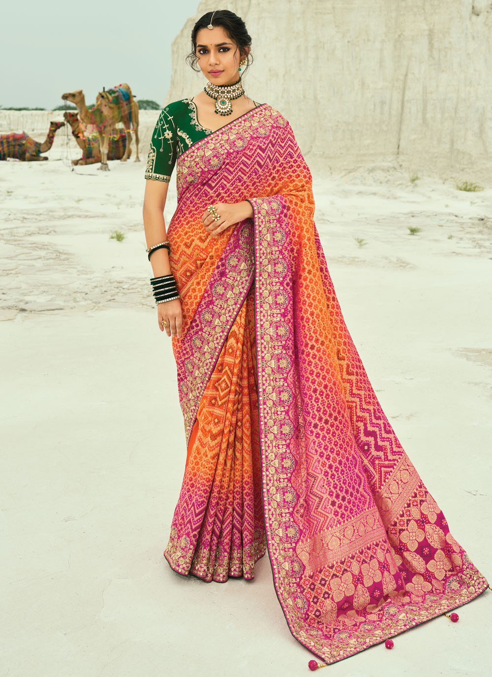 Hot Pink Pure Georgette Classic Saree Bandhej, Cutdana, Embroidered, Fancy Work, Hand Embroidery, Moti, Zari S19133