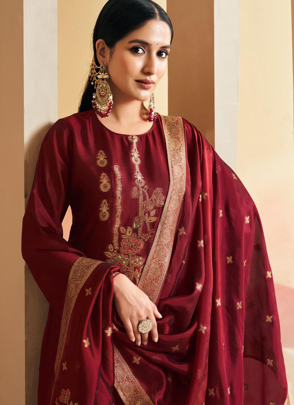 Floral Printed Pure Silk Maroon Salwar Suit T6619