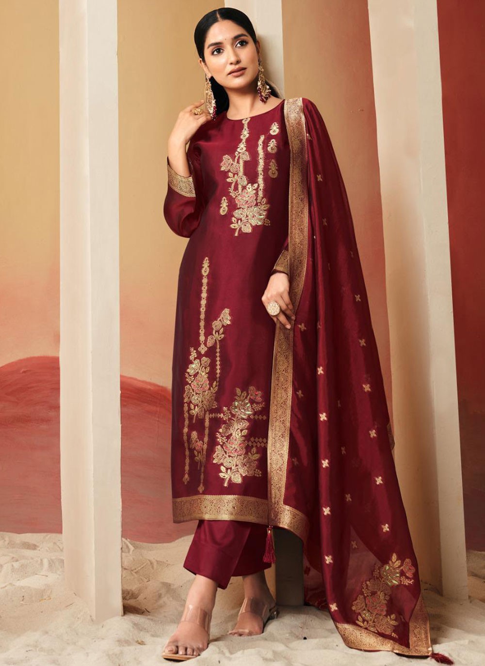 Floral Printed Pure Silk Maroon Salwar Suit T6619