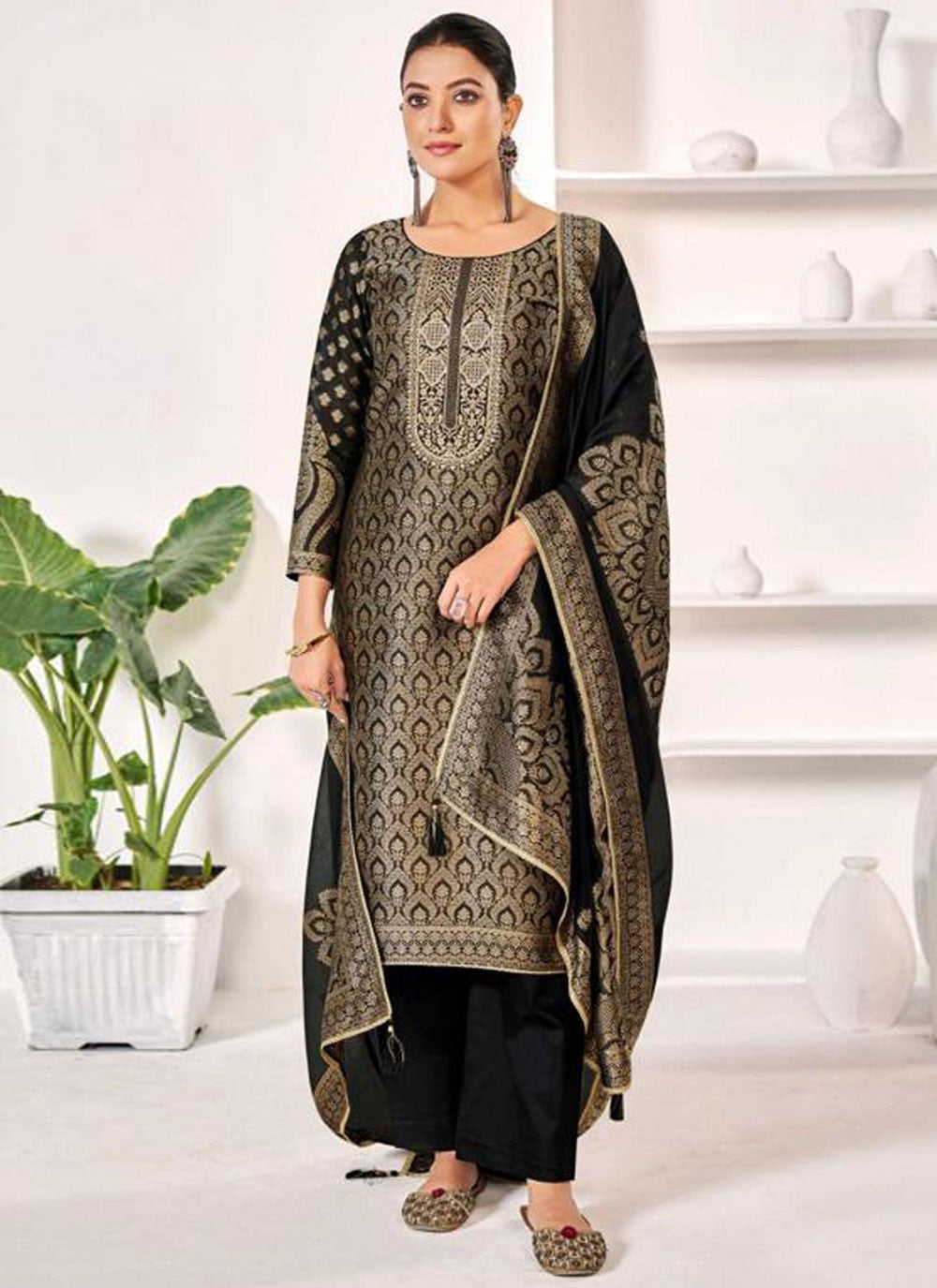 Pant Style Suit Jacquard Work Black T6694