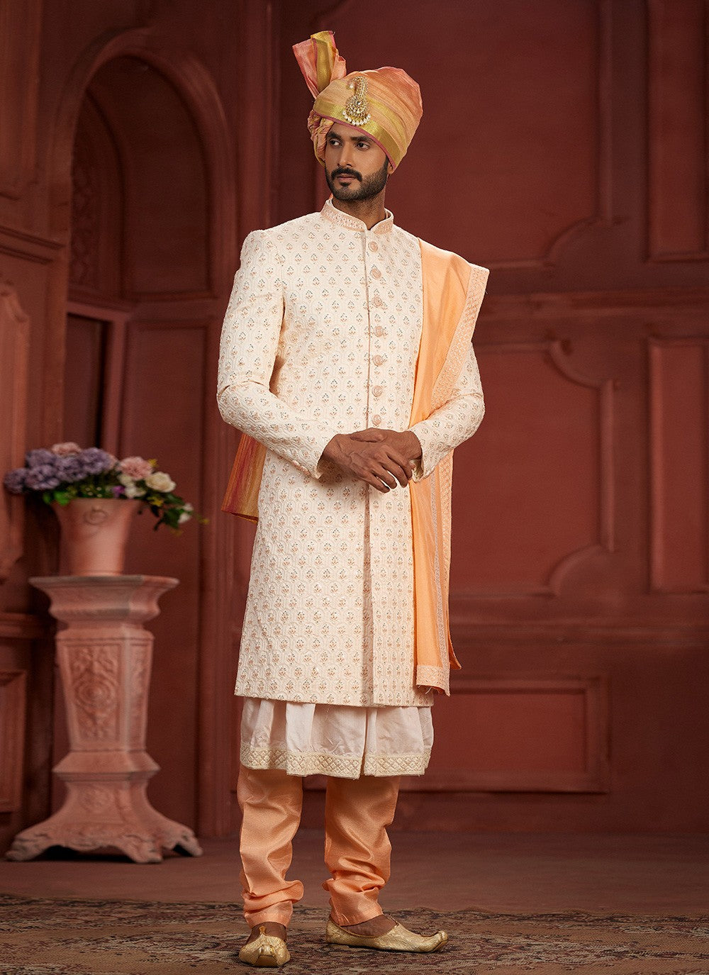 Embroidered Pure Silk Cream, Peach Sherwani - M7386