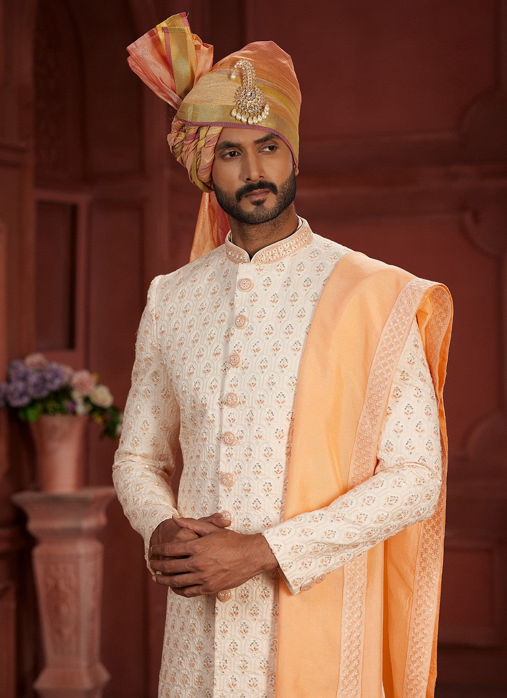 Embroidered Pure Silk Cream, Peach Sherwani - M7386