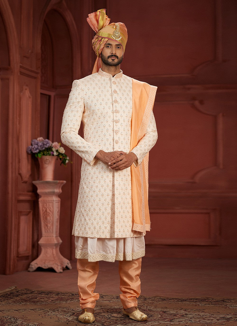 Embroidered Pure Silk Cream, Peach Sherwani - M7386