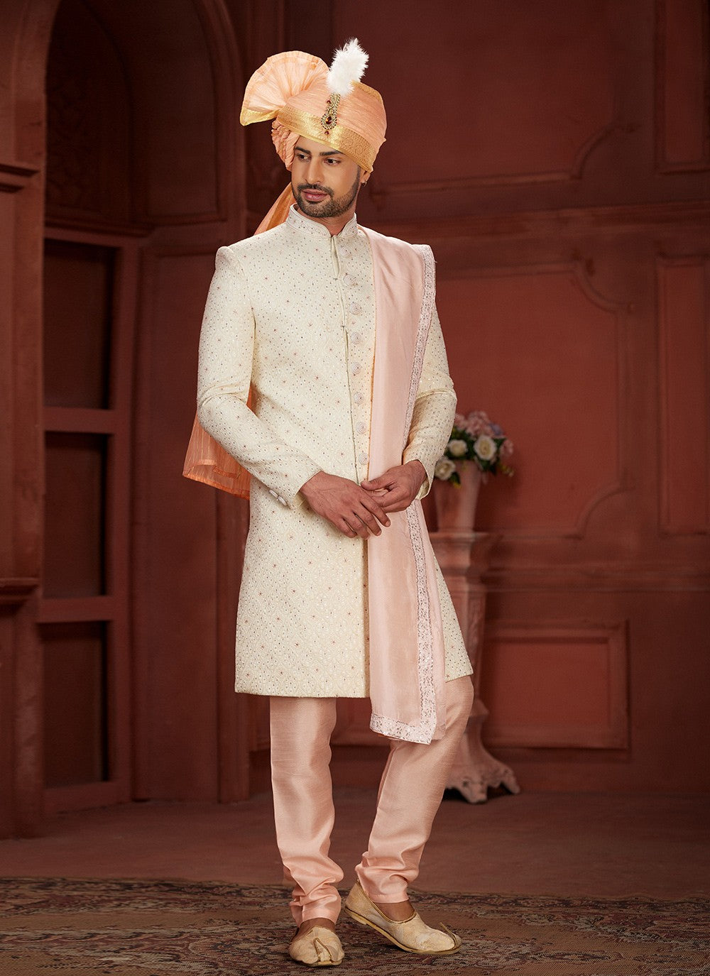Embroidered Pure Silk Cream, Pink Sherwani - M7382