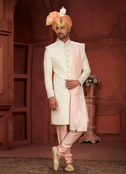 Embroidered Pure Silk Cream, Pink Sherwani - M7382