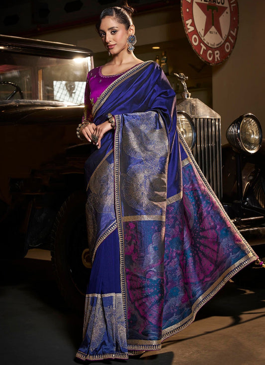 Blue Pure Silk Trendy Saree Border Work, Embroidered, Weaving Zari, Zari S17513