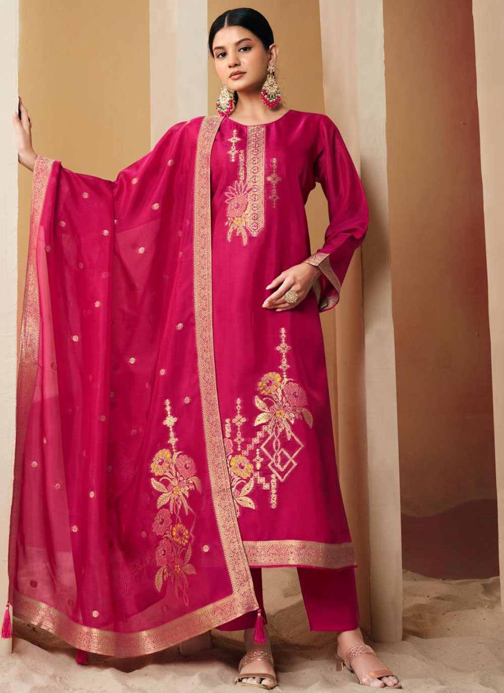 Floral Printed Pure Silk Hot Pink Salwar Suit T6616