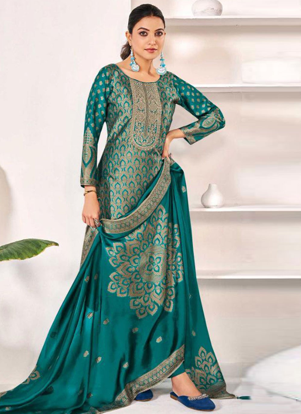 Pant Style Suit Jacquard Work Turquoise T6692