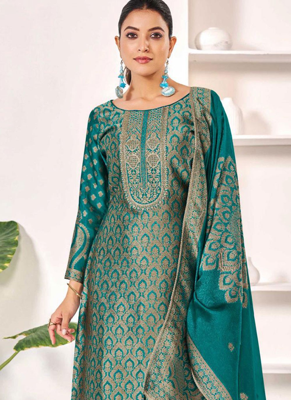 Pant Style Suit Jacquard Work Turquoise T6692