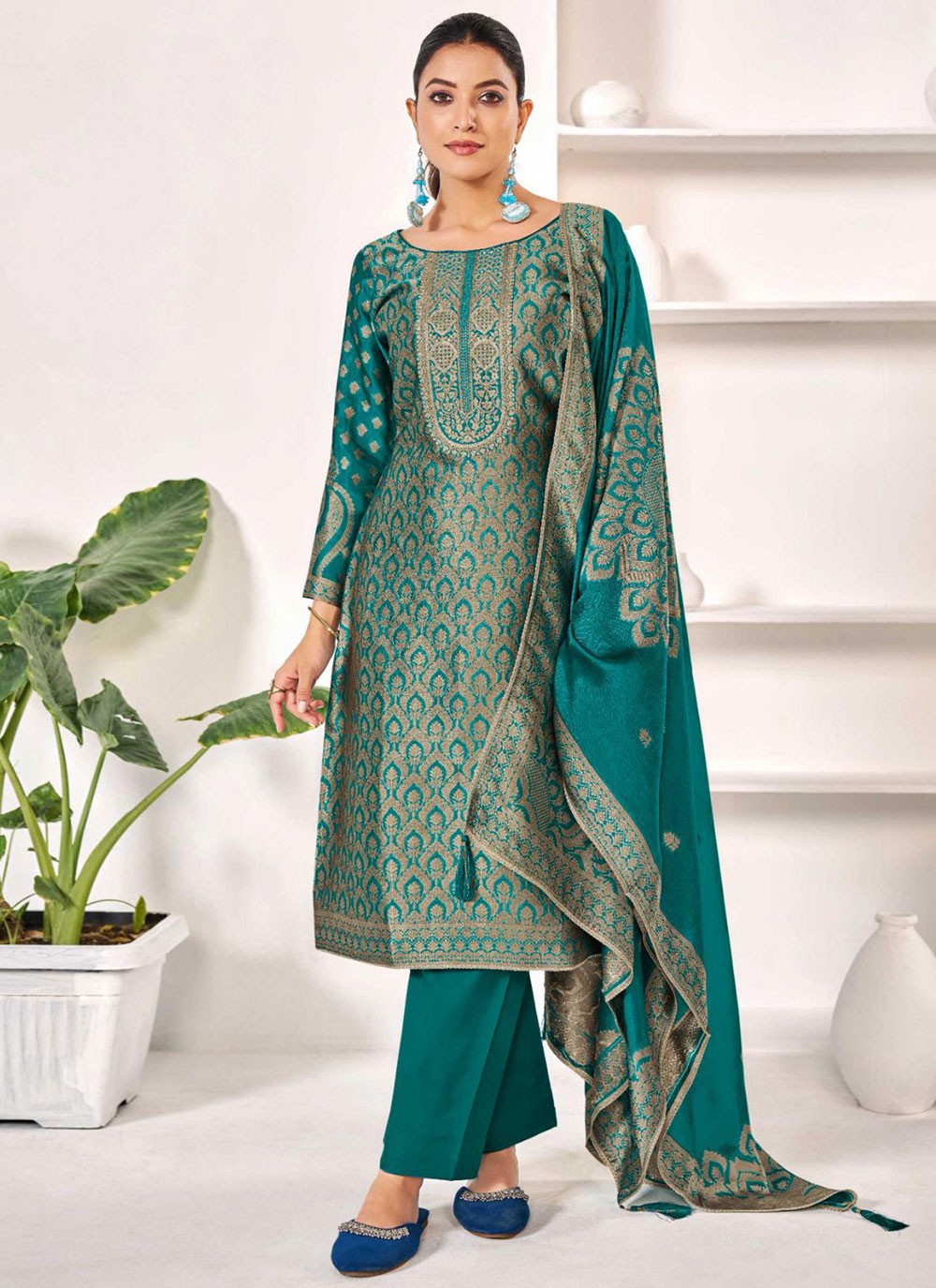 Pant Style Suit Jacquard Work Turquoise T6692