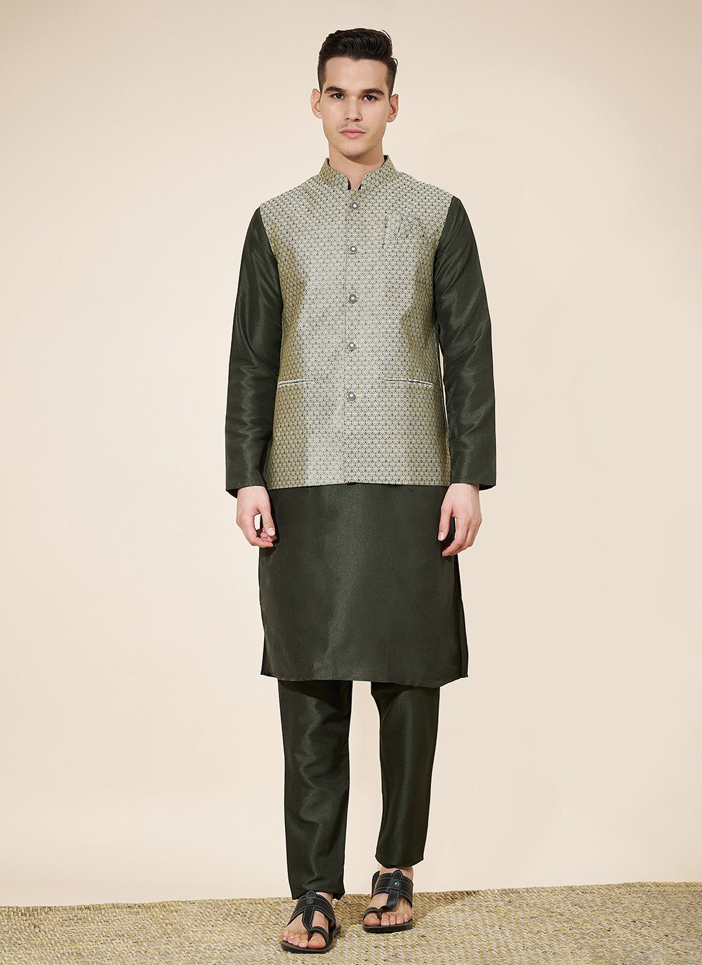 Jacquard Work Pure Silk Green Kurta Payjama With Jacket - M8034