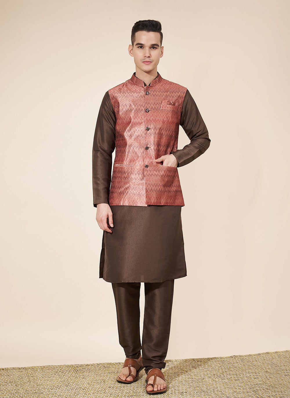 Jacquard Work Pure Silk Brown Kurta Payjama With Jacket - M8025