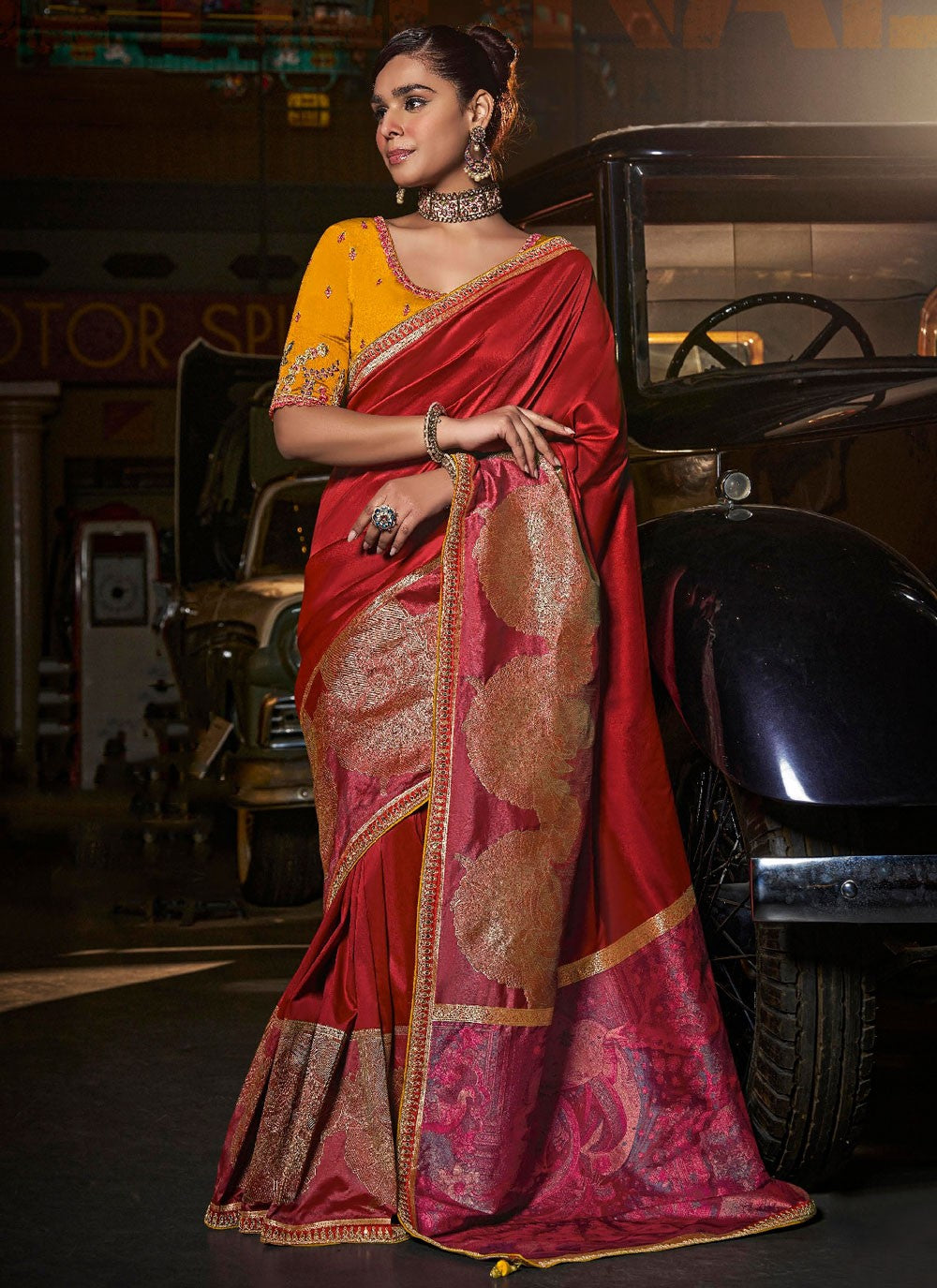 Red Pure Silk Traditional Saree Border Work, Embroidered, Weaving Zari, Zari S17512