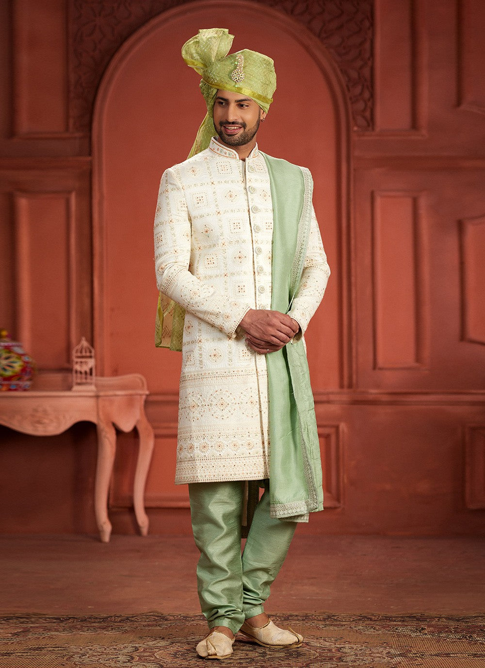 Embroidered Pure Silk Cream, Green Sherwani - M7387