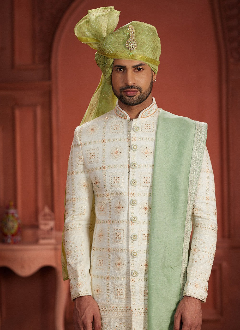 Embroidered Pure Silk Cream, Green Sherwani - M7387