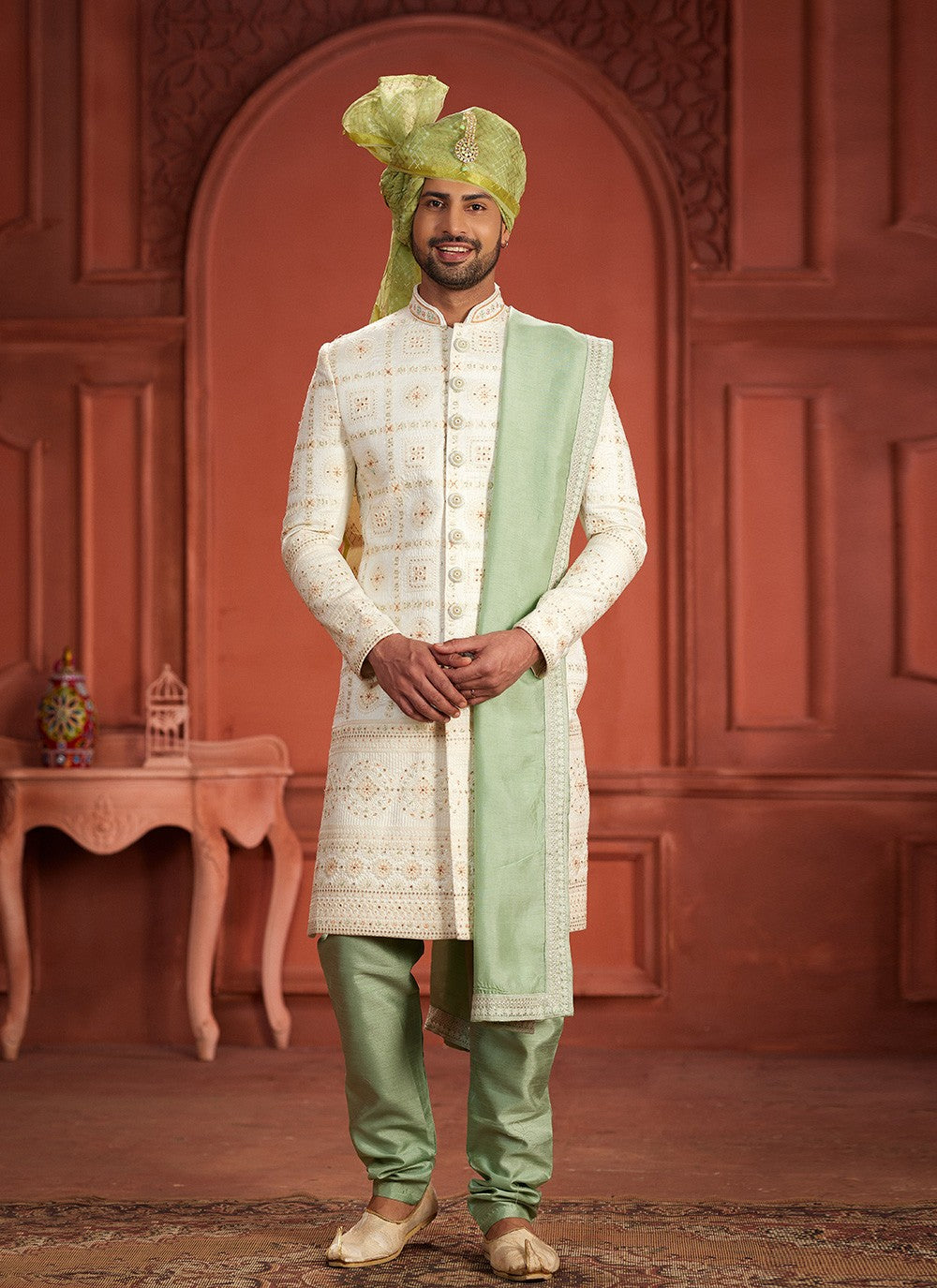 Embroidered Pure Silk Cream, Green Sherwani - M7387