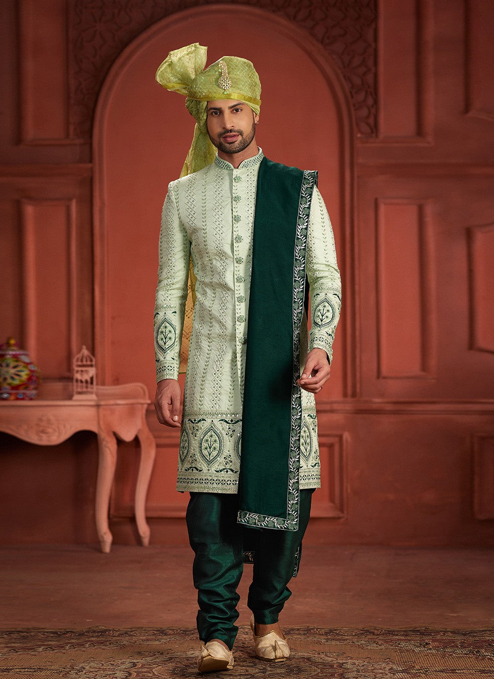 Embroidered Pure Silk Green Sherwani - M7389