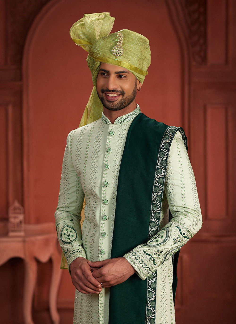 Embroidered Pure Silk Green Sherwani - M7389