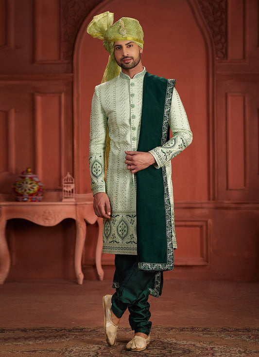 Embroidered Pure Silk Green Sherwani - M7389