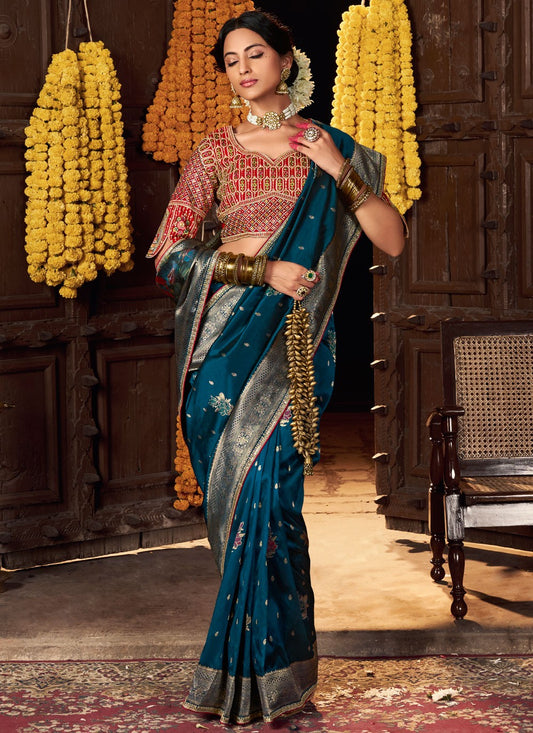 Teal Pure Silk Classic Saree Weaving Zari S19865
