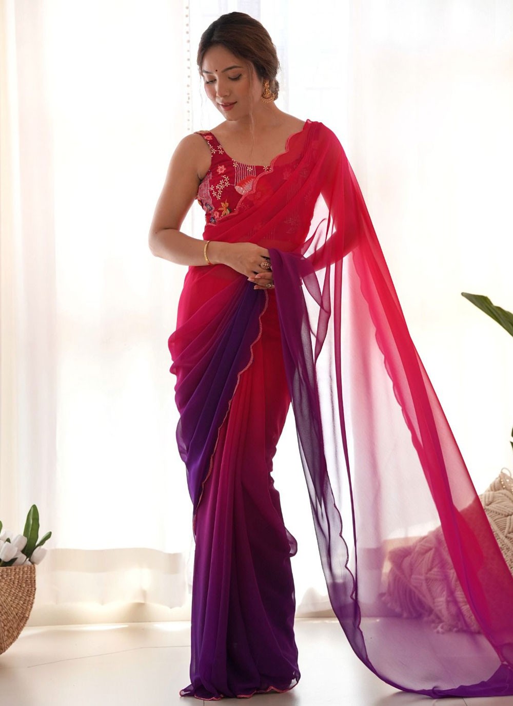Shaded Border Work Faux Georgette Saree - S7681