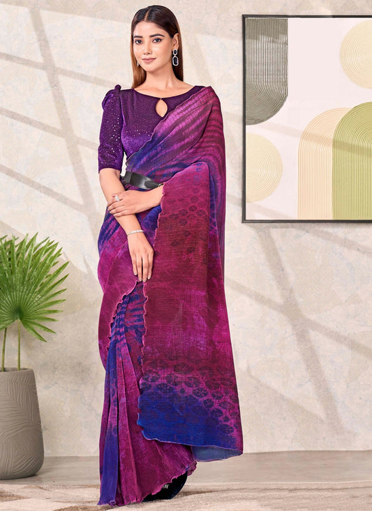 Hot Pink Satin Silk Trendy Saree Abstract Print S19180