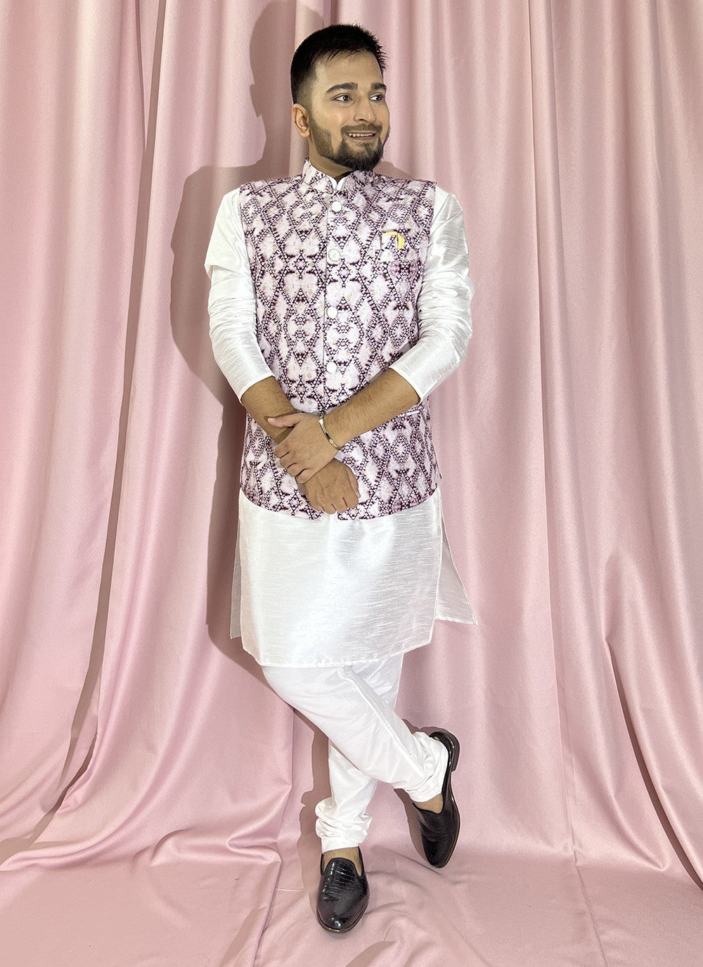 Fancy Work Jacquard, Silk Purple, White Kurta Payjama With Jacket - M5894