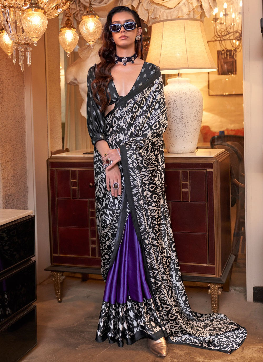 Designer Patola Print Purple, White Pure Crepe S12867