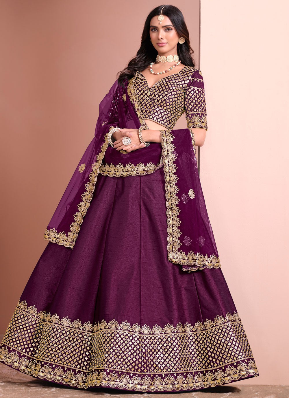 Embroidered Art Silk Purple Lehenga - L3397