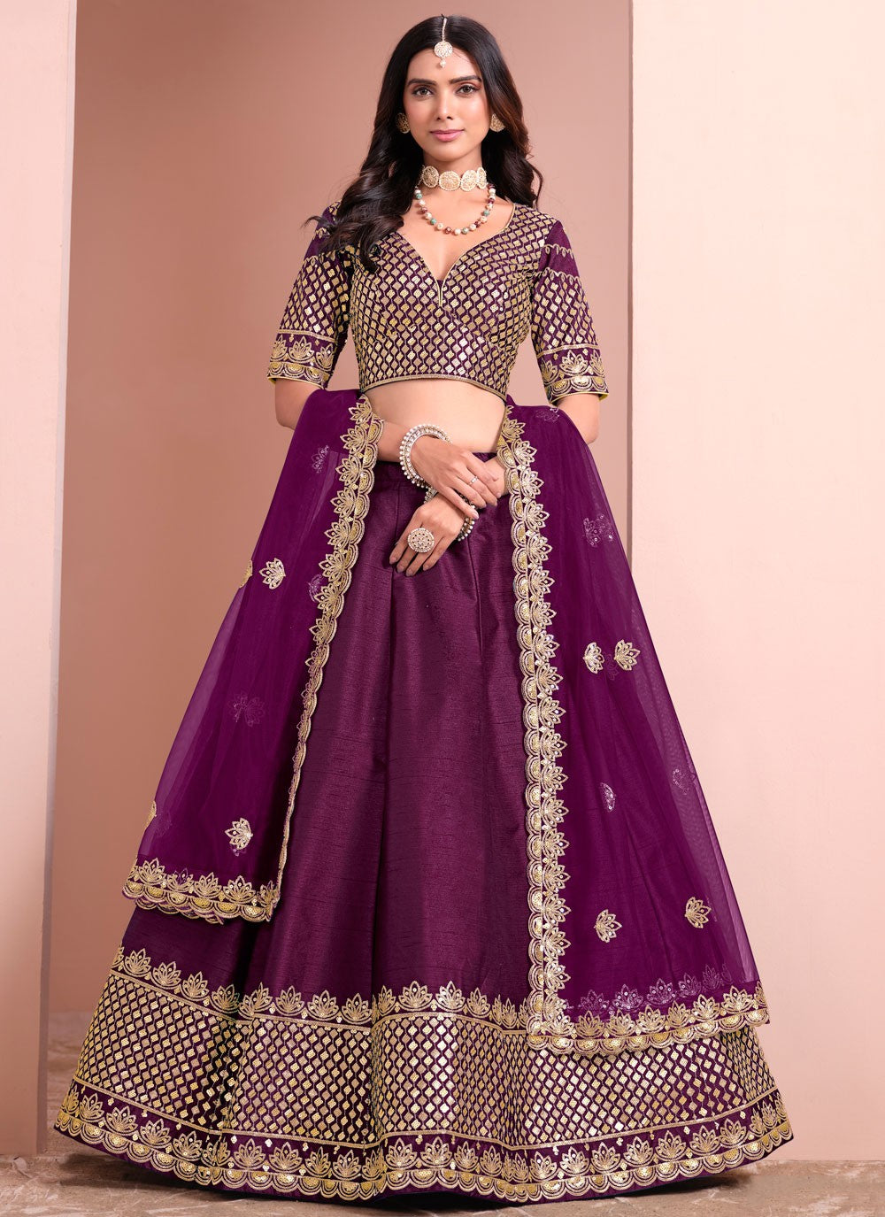 Embroidered Art Silk Purple Lehenga - L3397