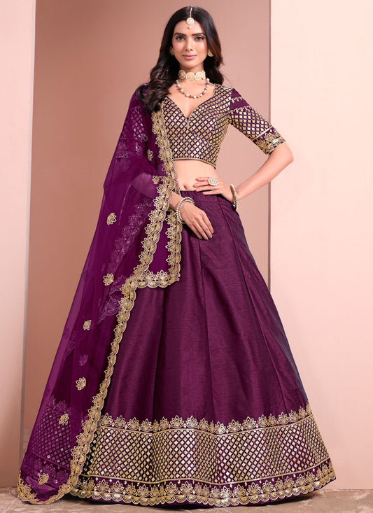 Embroidered Art Silk Purple Lehenga - L3397
