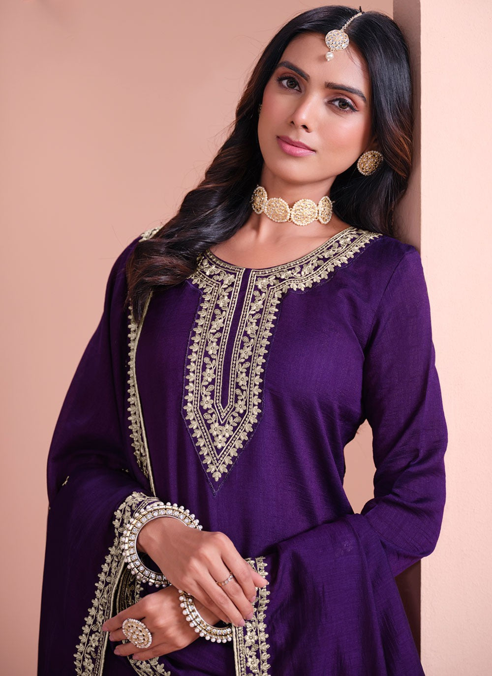 Embroidered Art Silk Purple Salwar Suit T5991