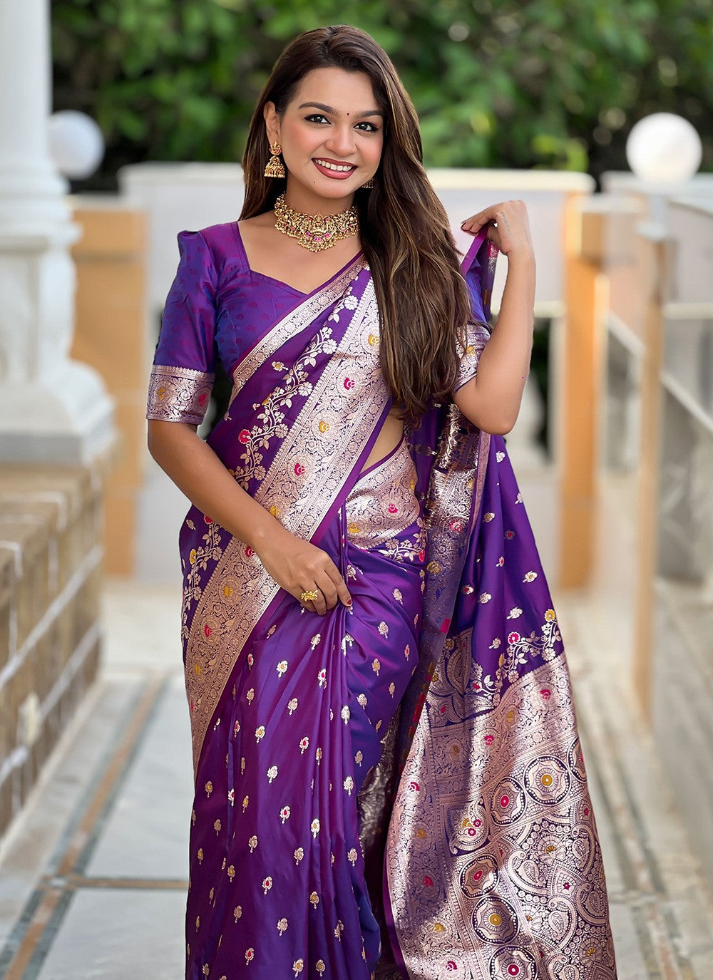 Purple Banarasi Silk Trendy Saree Meenakari, Woven S16654