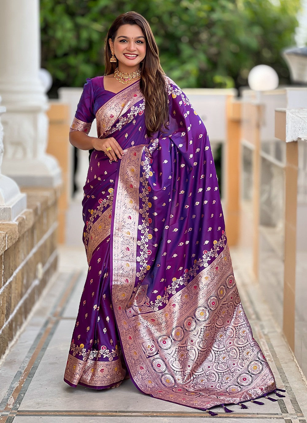 Purple Banarasi Silk Trendy Saree Meenakari, Woven S16654