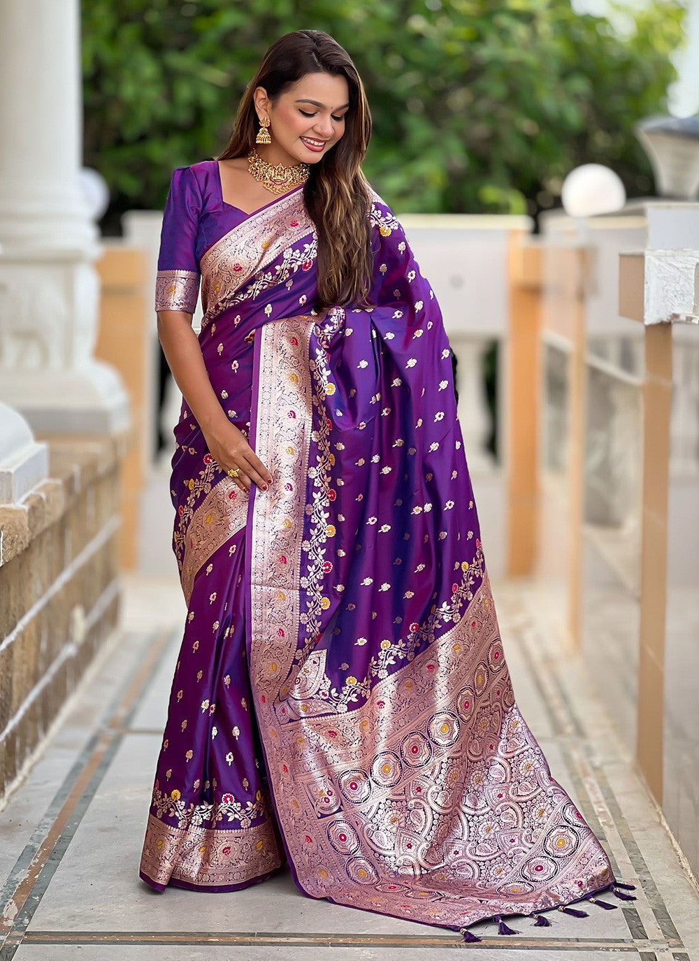 Purple Banarasi Silk Trendy Saree Meenakari, Woven S16654