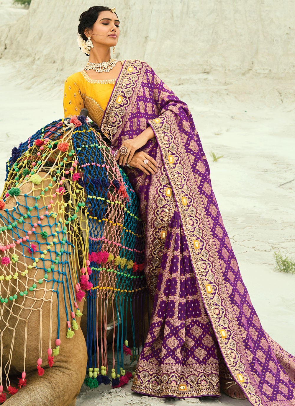 Purple Pure Georgette Contemporary Saree Bandhej, Cutdana, Embroidered, Fancy Work, Zari S19129