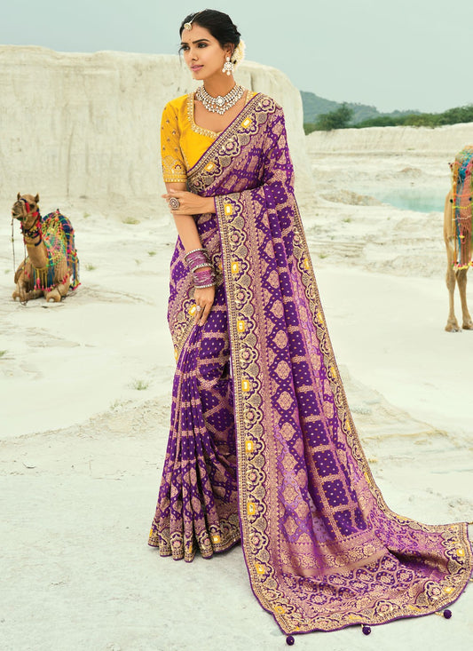 Purple Pure Georgette Contemporary Saree Bandhej, Cutdana, Embroidered, Fancy Work, Zari S19129