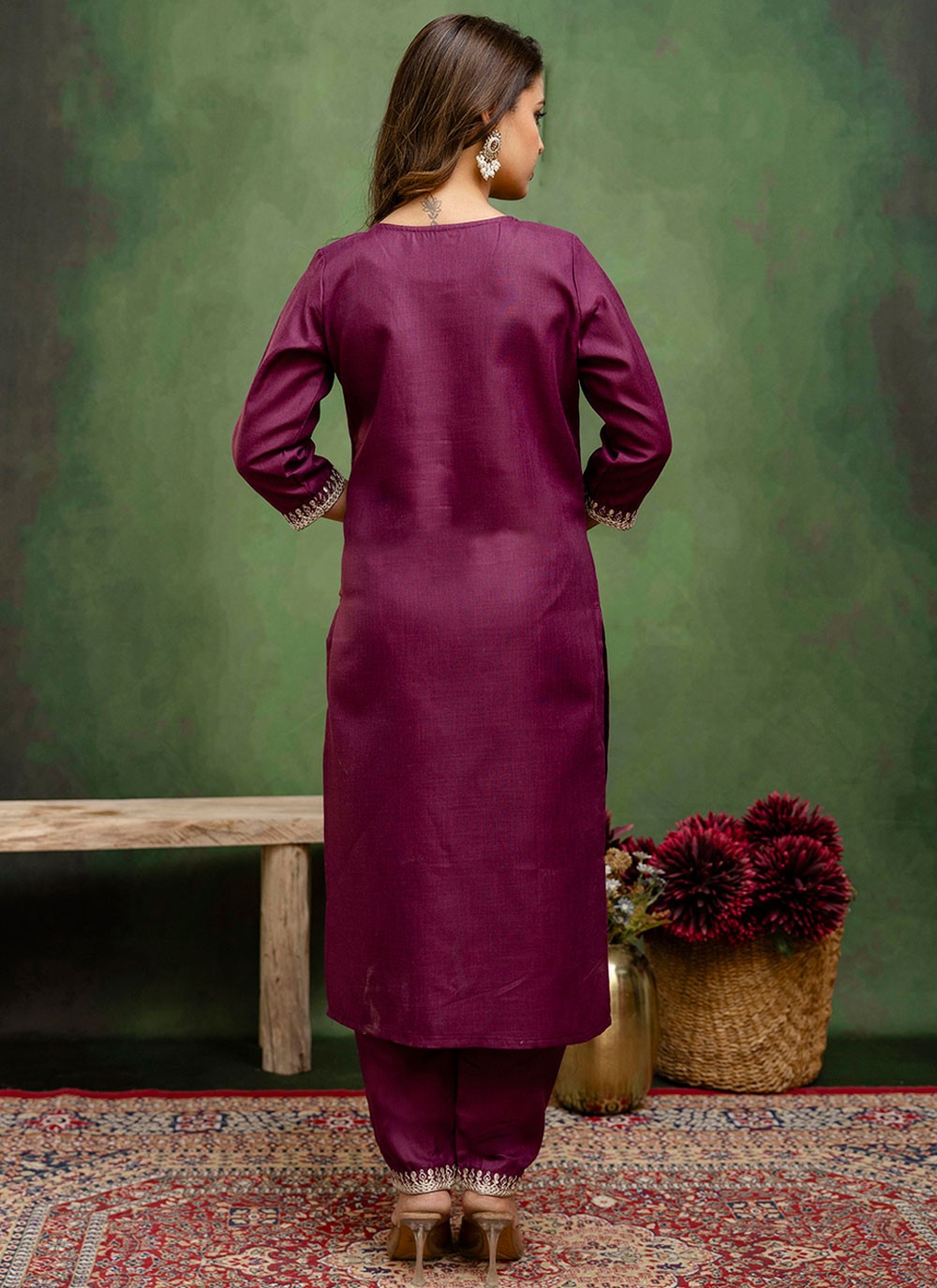 Pant Style Suit Embroidered Purple T7794