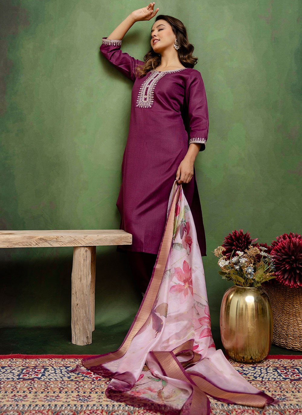 Pant Style Suit Embroidered Purple T7794