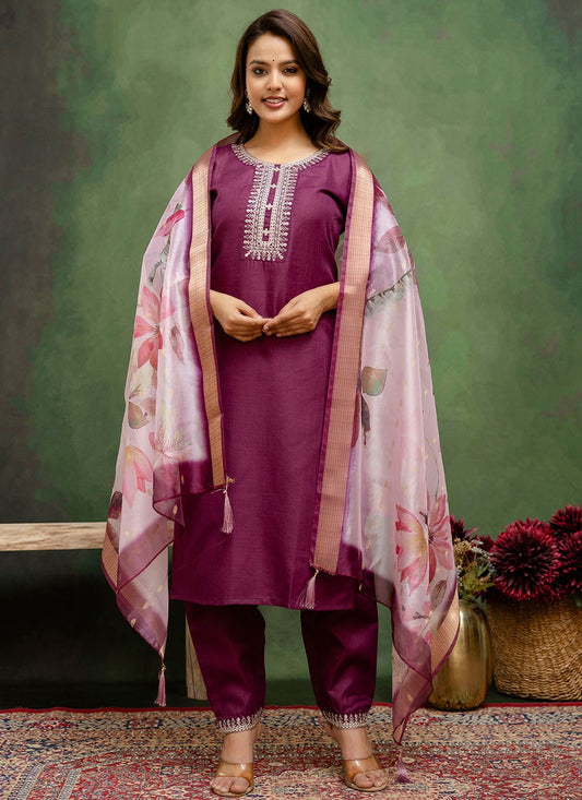 Pant Style Suit Embroidered Purple T7794