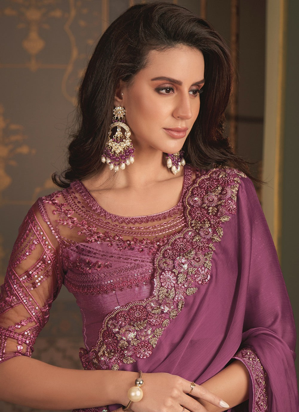 Contemporary Border Work Chiffon, Satin Silk Saree - S5079