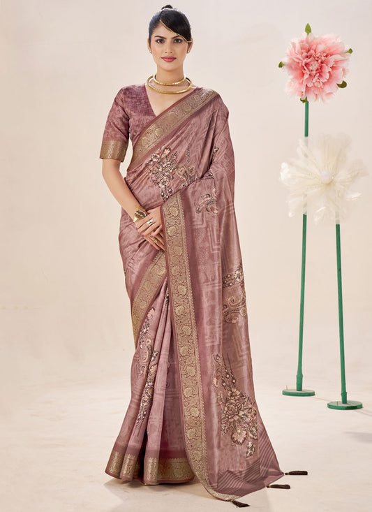 Purple Silk Designer Saree Border Work, Fancy Work, Printed, Weaving Zari S19080