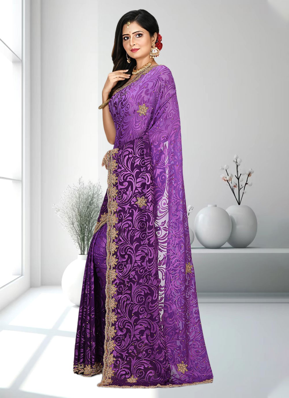 Classic Hand Embroidery Brasso Saree - S4738