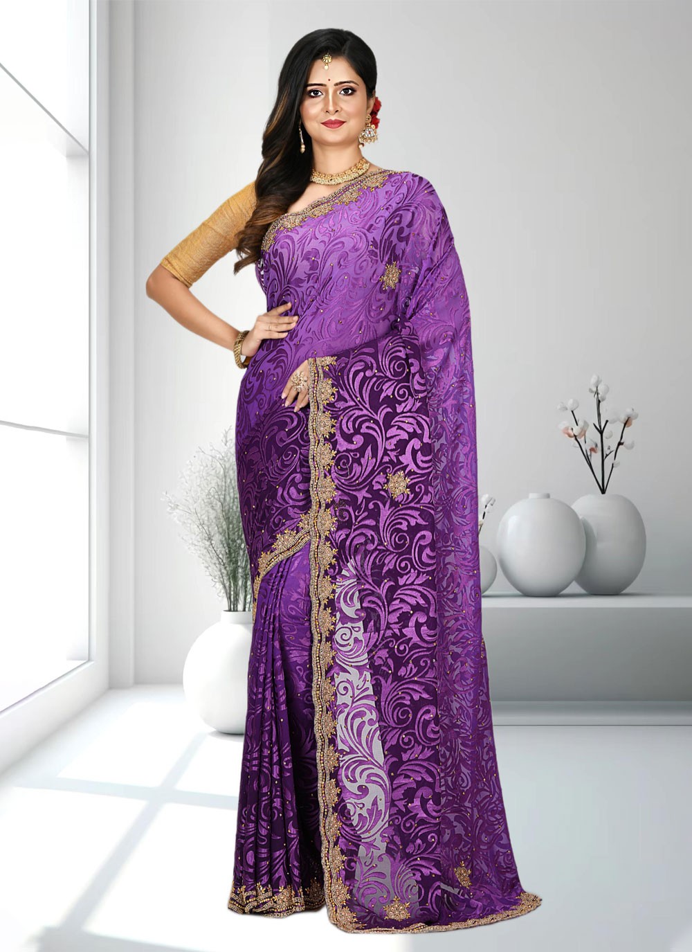 Classic Hand Embroidery Brasso Saree - S4738