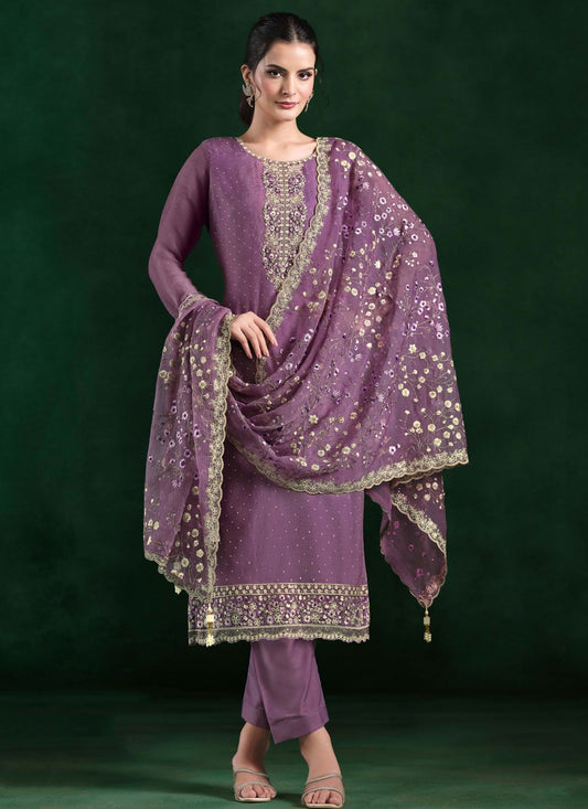 Pant Style Suit Cutdana, Embroidered, Zari Purple T7305